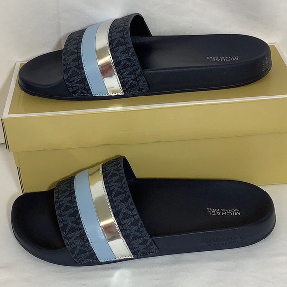 NIB Michael Kors Brandy Slides Blue - Picture 2 of 4